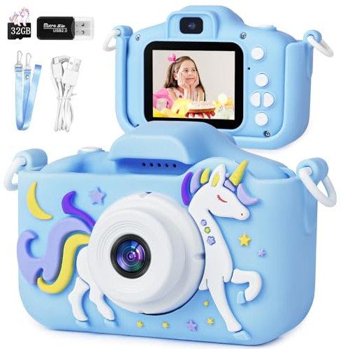Ainiv Kids Camera - Unicorn Selfie Digital Camera for Girls, 1080P HD Video, 32GB SD Card/2 Inch IPS Screen, Shockproof for Kids Age 3-12 (Blue)