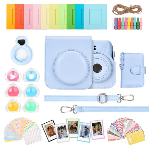 HIYQIN 8 en 1 Housse et Accessoires Compatibles avec Fujifilm Instax Mini 12, Polaroid Instax Mini 12 Album Photo/Cadres/Autocollants/Filtre d'objectif/Miroir Selfie - Bleu