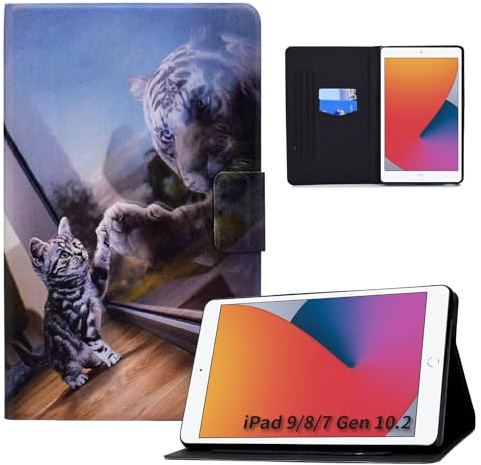 Auslbin Hülle für iPad 9 8 7 Gen 10.2 Schutzhülle PU Leder Case Magnetisch Flip Cover mit Ständer für iPad 10.2 2021/2020/2019,Katze und Tiger