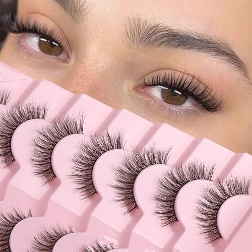 Onlyall Natürliche Wimpern Wispy Strip Lashes Natürlicher Look Falsche Wimpern ausgestellte Künstliche Wimpern Katzenaugenwimpern Weiche Cateye Eyeashes Fake 7 Paar DK-06
