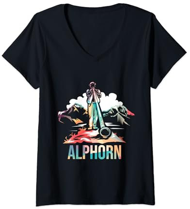Damen Schweiz Alphorn Naturhorn T-Shirt mit V-Ausschnitt