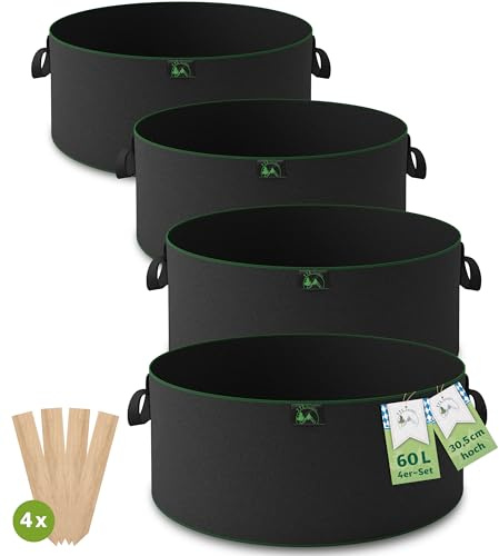 TTL GARDEN 4X 60L Hochbeet Pflanzsack Vlies Stoff 300 g/m² Filz & Vlies - | 4er Set 60 Liter Filz Hochbeet Pflanzsäcke 300 g/m² Filz & Vliesstoff Stoffbeet für Balkon Terrasse Gewächshaus & Garten