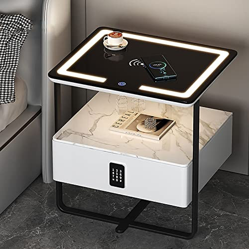 Nightstand with Wireless Charging Station & LED Lights | Modern Bedside Table with Drawers & USB Ports | Glass Top Coffee Table for Bedroom or Living Room