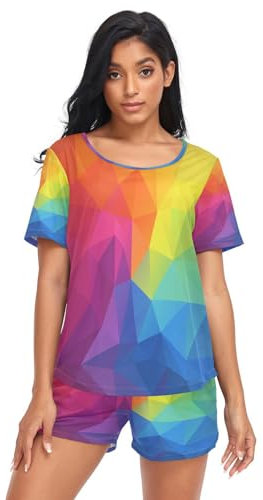 HMZXZ Damen Schlafanzug-Set Geometrisch Regenbogen Dreieck Sommer Pyjama Woman Set,Bunt Loungewear und Shorts Lounge Set Sleepwear Nachtwäsche