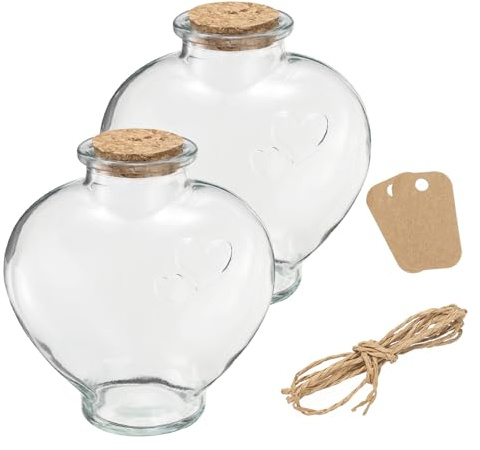 QUARKZMAN 2pz 18 Oz/600ml Forma Cuore Vetro Barattoli Sughero Tappi Cancella Messaggio Wishing Bottiglia con Spago e Etichette Vuote per Halloween Decorazioni Matrimonio Doccia Bomboniere