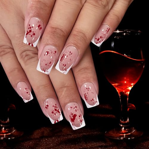 Yivaiks Blood Nails Halloween Press Ons - Short Square False Nails with Designs - Pack of 24