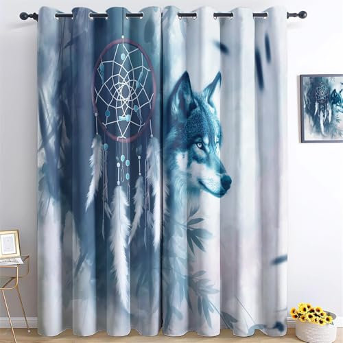 Vorhänge Fantasy Traumfänger Wolf Motiv, Vorhang Blickdicht Verdunklungsvorhänge Thermovorhang mit Ösen, Blau Gardinen Wohnzimmer Schlafzimmer Fenster H214 x B91.5 cm (2er Pack)