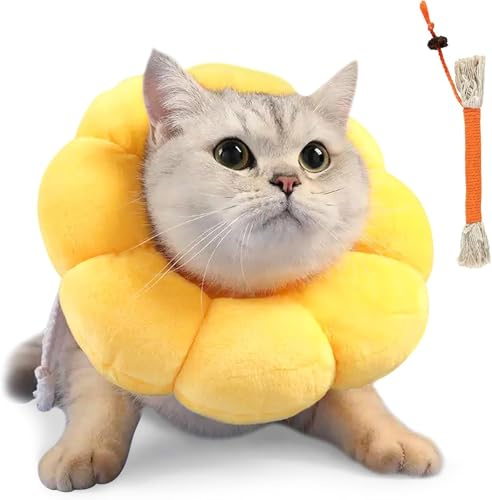 YFPOPONE Cat Recovery Collar, Cone Set With Chew Rope, Sunflower-Shaped Cat Doughnut Collar, Soft Cotton, Yellow, 20cm, Prevent Licking, Custom Fit