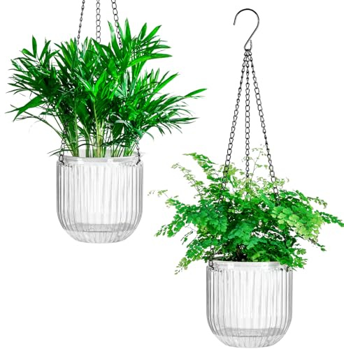 Josteve Macetas colgantes de 5.3 pulgadas, 2 piezas de riego automático, macetas de interior con agujeros de drenaje, macetas colgantes para exteriores, nivel de agua visible, colgador de plantas