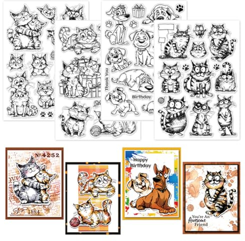 GLOBLELAND 4 hojas de sellos transparentes divertidos para hacer tarjetas, dibujos animados, gatos, perros, sellos transparentes de silicona, sellos transparentes para manualidades, álbumes de