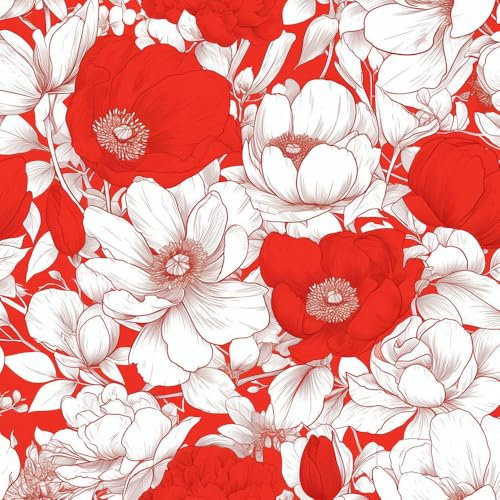 Selbstklebende Tapete Rote weiße Pfingstrose Blumen Mustertapete Retro-Blumen Klebefolie Möbel Tapete Kinderzimmer Muster Dekofolie Möbelfolie Selbstklebend Wand Tapeten Wohnzimmer Schrankfolie Klebe