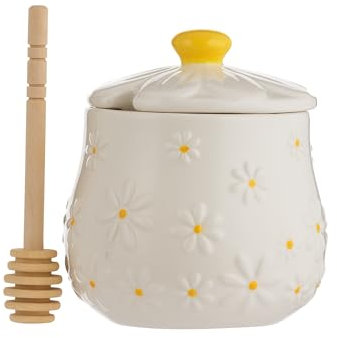 Price & Kensington Daisy Honey Pot & Drizzler | Ceramic Honey Pot with Embossed Daisy 3D Lid | Hand-Painted Yellow Handle | Includes Wooden Drizzler