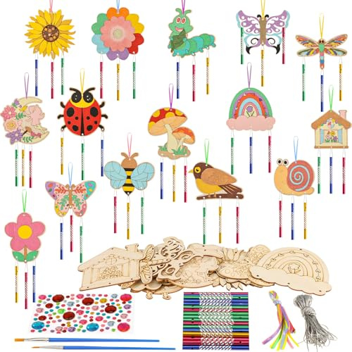 XREE 15tlg Windspiel Bastelset Kinder, Windspiel Schmetterling Klangspiele | Holzbastelsets Geburtstag Deko für Jungen Mädchen DIY Dekoration