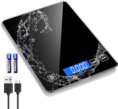 Food Scale, Digital Kitchen Scale 33lb/15kg Steel and Tempered Glass with 1g/0.1oz Precision, Tare & 10 Units, Type-C Rechargeable, LCD Display for Baking, Cooking, Meal Prep, Coffee, Postage Black