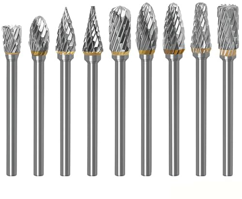 Tungsten Carbide Rotary Burr Set 3mm Shank Double Cut 10-Piece | For Dremel Die Grinder; Metal Wood Carving Deburring Polishing; With Storage Box