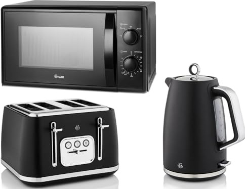 Swan Serenity Black 1.7L 3KW Kettle, 4 Slice Toaster and 20L 700W Microwave SM4420BLK. Contemporary Design Matching Kitchen Electrical Set with a Sleek Black Finish