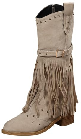 Generisch Stivali da cowboy da donna autunnale, a mezza altezza, con tacco a blocco, nappa, stivali in pelle, eleganti medievali, grandi dimensioni, con fibbia