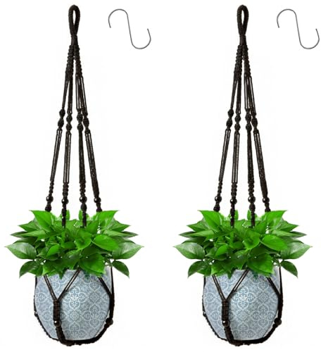 Apstaqeoo Macrame Plant Hanger Indoor Outdoor Hanging Planter Basket with 2 Hooks, Flower Pot Plant Holder with Decorative Wood Beads & No Tassels, Boho Home Decor, 90CM Black(2Pcs,POTS NOT Included)