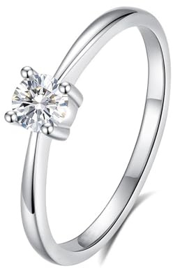Mesnt löftesring för henne silver, dam 9K/14K/18K vitt guld/PT950 platina elegant tunn solitärring med 4 mm rund Moissanite, Metall, Moissanite