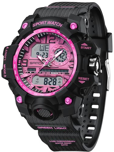 Gosasa Womens Digital Sports Watch 5ATM Waterproof Watch LED Light Large Face Analog Multifunctional Wrist Watches with Alarm Stopwatch Calendar Hourly Chime (Black Purple)
