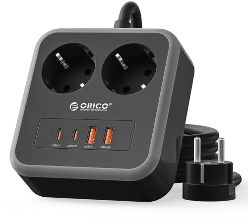 ORICO Regleta Enchufes USB C 20W PD, 2 Tomas AC y 4 USB, 1,5m, Negro | Puertos 2xUSB-C y 2xUSB-A; base antideslizante 2500W; ideal para escritorio, teletrabajo y hogar organizado