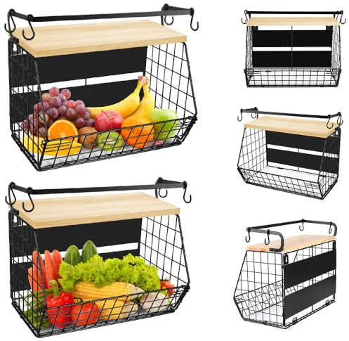 OHMG 2 Pièces Corbeille à Fruits Suspendue, Panier a Fruit en Métal Cuisine Avec Crochets et Couvercle en Bois,Empilable et Mural pour Stockage des Fruits et Légumes