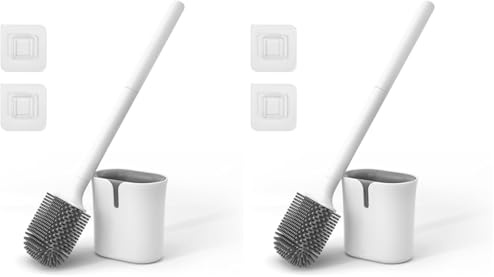 Vinabo Scopino Bagno WC, Scopino WC in Silicone, Spazzola per WC Piatta, Scopa per WC Ad Asciugatura Rapida, Anti-goccia, Spazzola per WC, Montaggio a Parete/Pavimento, Bianco (Confezione da 2)