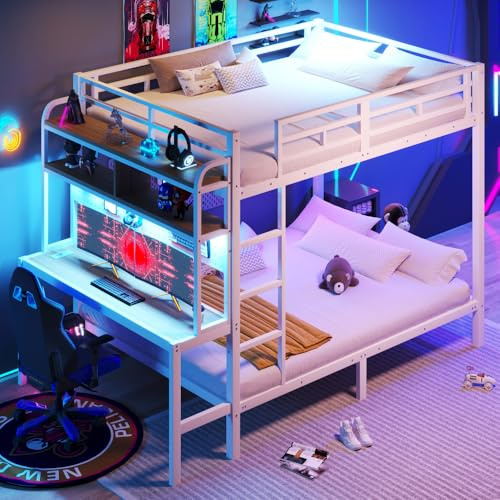 Lubvtti Litera de hierro para niños, 140 x 200 cm, con tira de luz LED, puerto USB, escritorio, compartimento de almacenamiento, cama para niños, estructura de cama de matrimonio (blanco)