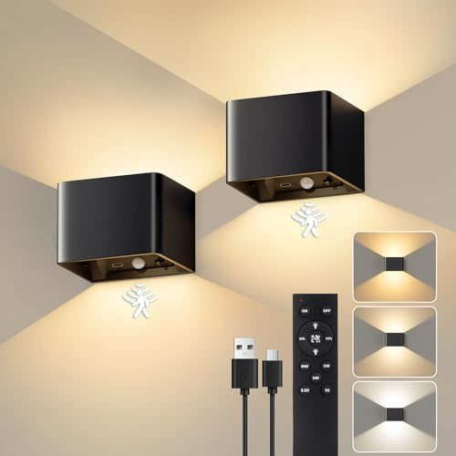 NIBSHOOM Akku Wandleuchte Innen mit Fernbedienung & Schalter,2 Stück Wandlampe Akku Ohne Stromanschluss mit Bewegungsmelder,3 Farben LED Wandleuchte Batterie,Wandlampe Innen Kabellos Dimmbar Schwarz
