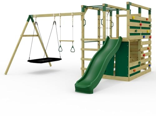 OutdoorToys NinjaPlay Climbing Frame Double Swing Set with Slide, Trapeze Bar & Boat | Kids' Outdoor Wooden Play Equipment for Gardens, Frame and Accessories Included, Weather Resistant