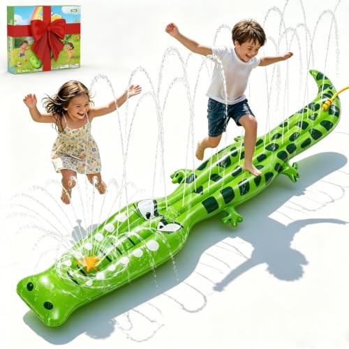 Wassersprinkler für Kinder, 240 x 38 cm, extra groß, Krokodil-aufblasbarer Kinder-Sprinkler, langlebiges Sprinkler-Spritzpad für Kinder im Alter von 3 4 5 6 7 8 9 Jahren, Outdoor-Wasserspiel-Sprinkler