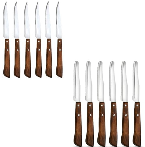 Set 12 Coltelli da Tavola Professionali in Acciaio Inox AISI 420 Made in Italy 6 Punta Arrotondata e 6 Punta Carne Pizza Manico Marrone Effetto Legno Durofol 22 cm per uso quotidiano o domestico