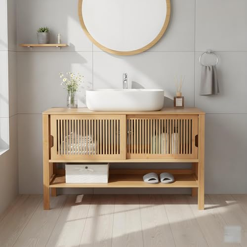 MinteLiv Waschbeckenunterschrank 100x45x60cm Badezimmerschrank Bambus | Waschtischunterschrank Badunterschrank Schiebetüren Lamellen Natur offenes Fach Stauraum Unterschrank Badmöbel