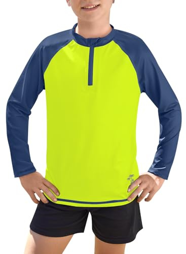 BesserBay Kinder Jungen Schwimmshirt UV Badeshirt Langarm 1/4 Zip Rash Guard UV Badeshirt Grün Marineblau 130