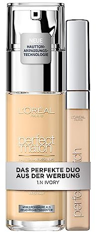 L'Oréal Paris Perfect Match Make-up-Set, Flüssige Foundation mit Hyaluron und Aloe Vera (30 ml) und Abdeckstift (6.8 ml), Nr. 2.N Vanilla