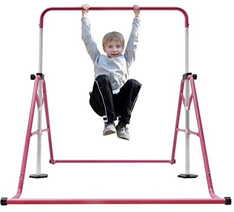 Turnstange Kinder Turnreck Garten Reckstange Edelstahl Gymnastikstange, Faltbar Turnreck Outdoor Fitness Höhenverstellbar Horizontale Training Bar für Kinder Alter 3-8, bis 100kg belastbar (rosa)