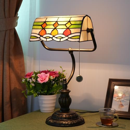 AIBOTY Grüne Glaslampe, Bankierlampe aus grünem Buntglas im Tiffany-Stil mit Zugkettenschalter, Schlafzimmer-Nachttisch-Leselampe, Labor-Büro-Schreibtisch-Nachtdekorationslampe,D