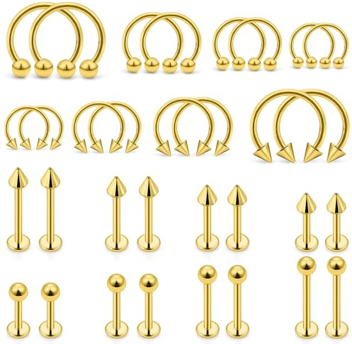 Ovxznts 32PCS 16G Lip Rings Surgical Steel Snake Bite Jewelry Labret Jewelry Monroe Lip Barbell Ring Daith Tragus Helix Piercing Jewelry for Women Men 6mm/8mm/10mm/12mm Gold-tone