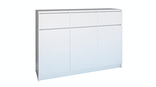 Oggi Lugo 3D3S vit byrå, 3 lådor, modern design, sovrumsmöbler, hög glans, utrymmesbesparande, möblerbord