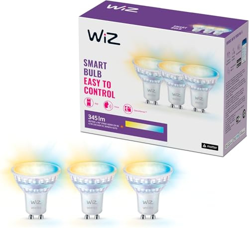 WiZ Faretto Smart WiFi, Luce Bianca da Calda a Fredda, Vetro, attacco GU10, equivalente a 50W, Tecnologia SpaceSense, Controllo Vocale (Alexa, Apple HomeKit, Google Home), confezione da 3