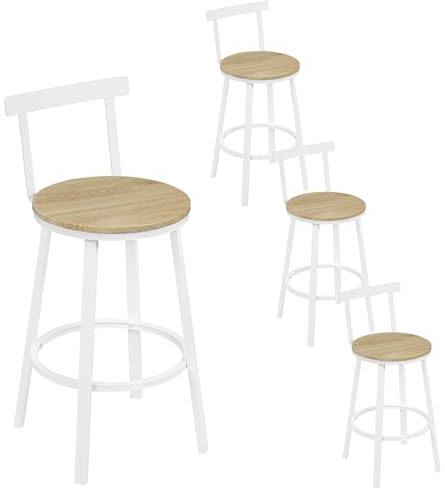 WOLTU Kökspallar set om 4, barstolar, frukostpallar, höga pallar med fotstöd och ryggstöd, metallram, MDF-sits, ljust träutseende, BH430hei-4