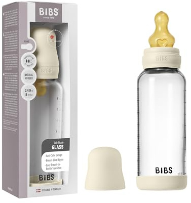 Biberon in vetro BIBS. Anti-coliche. Tettarella rotonda in lattice di gomma naturale. Favorisce l'allattamento naturale al seno. 240ml, Complete Set - Ivory