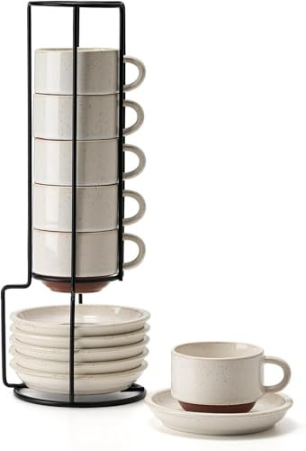 HOME DECOR Juego de 6 tazas de café de 140 ml con plato y soporte, elegantes tazas de cerámica para espresso, capuchino y latte, color blanco moteado