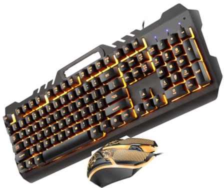 Angoily Teclado y Ratón Mecánico Retroiluminación RGB para Juegos y Oficina, Conjunto USB Compacto, Diseño Metálico, Antisalpicaduras, Color Naranja para Gamers y Profesionales