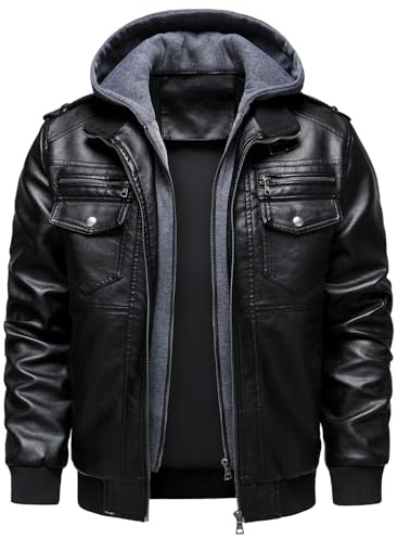 HOOD CREW Men's Faux Leather Hooded Jacket Motorcycle Jackets Water Repellent Windproof PU Moto Vintage Bomber Hoodie Coats Black L