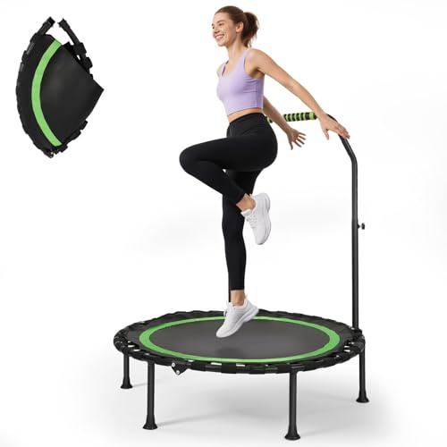 Fitness-Trampolin, Faltbares Trampolin mit 5-Fach höhenverstellbarem Haltegriff, Geräuscharm, Max. 150 kg, Gartentrampolin, Indoor/Outdoor (Grün)