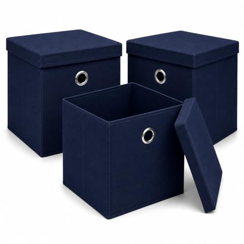 Set of 3 Fabric Storage Cube Box with Lid, Foldable Fabric Storage Basket, Non-Woven Storage Organiser Bin with Handle for Clothes, Toys, Books, Shelves, Wardrobes & Home Storage (Navy, 32x32x32cm)