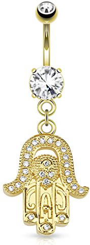 Paula & Fritz® Bauch-nabelpiercing Chirurgenstahl Gold Hamsa-Hand Zirkonia 10-mm Stab-länge Banane Bauch-Piercing Bananabell Nabel-Piercing GDPN14802