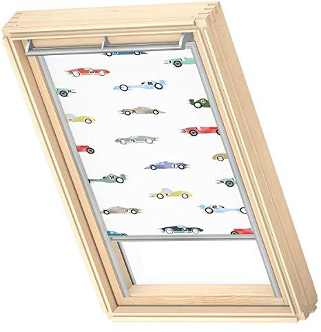 VELUX Original Dachfenster Verdunkelungsrollo für M06 / 306, Rennautos, mit Grauer Führungsschiene