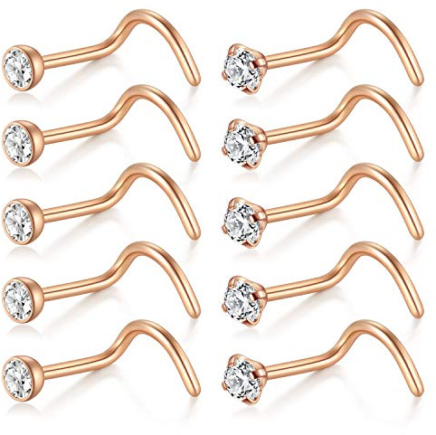 D.Bella Näsringar 10 st 18 g Näsa Skruvringar Nitar Kirurgiskt Stål Piercing Smycken 2 mm Klar CZ Silver, Metall, Rostfritt stål